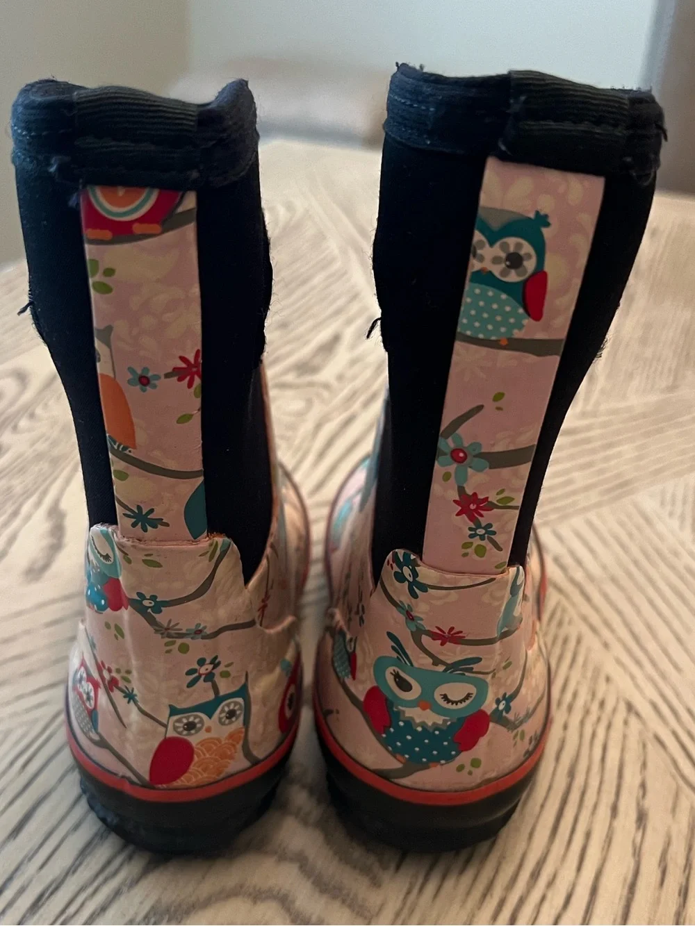 OAKI Kid's Neoprene Waterproof Rain and Snow boots pink owl pattern sz 9 toddler